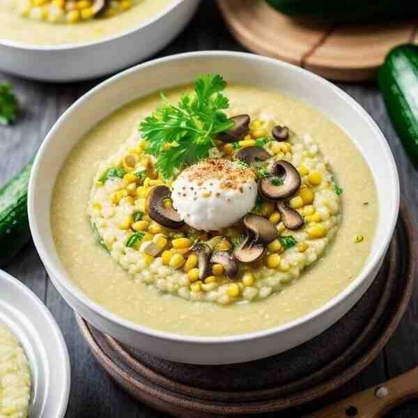 Кукурузная каша с кабачком луком и грибами